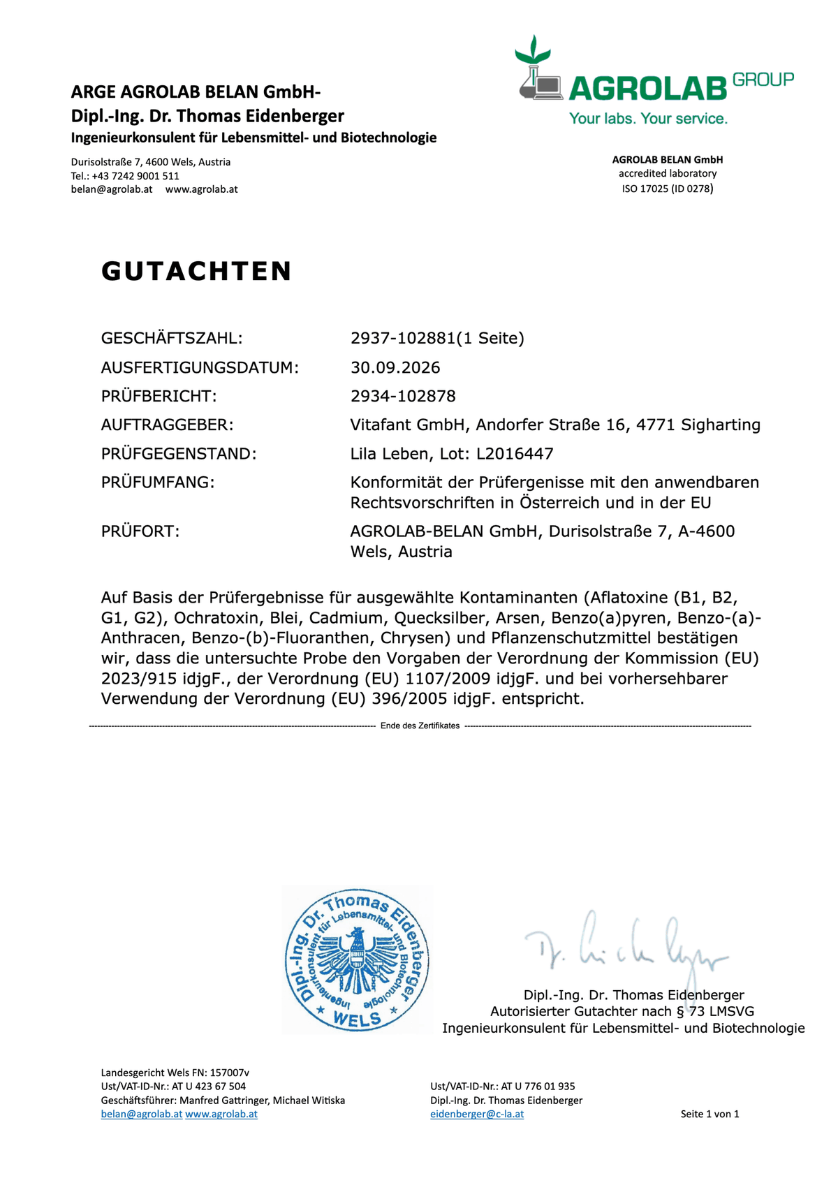 Gutachten AGROLAB BELAN GmbH zu Lila Leben, Lot L2016447, vom 30.09.2026