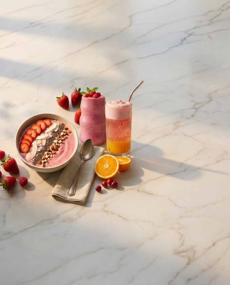 Glow von innen: Pink Glow Bowl, Glow-Smoothie und Glow-Saft auf hellem Marmor im Morgenlicht