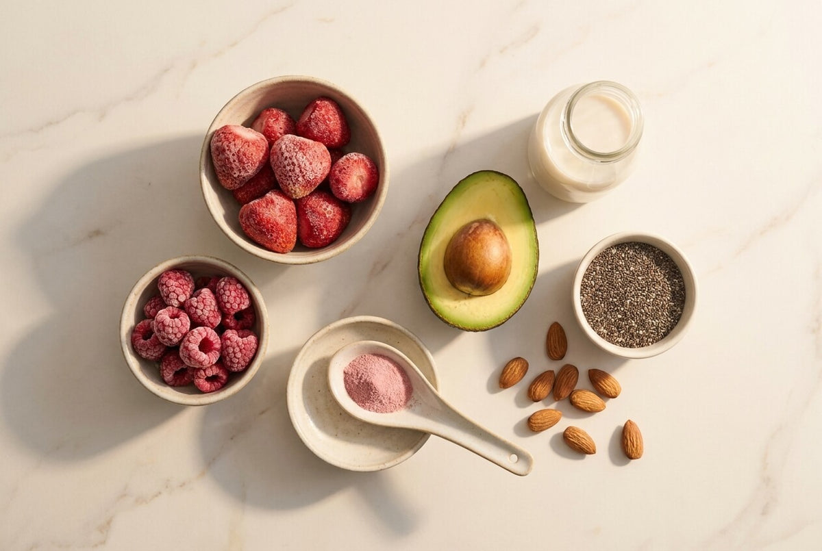 Glow-Rezepte Zutaten: Erdbeeren, Himbeeren, Avocado, Kokosmilch, Chiasamen, Mandeln und ein Löffel Rosa Glanz