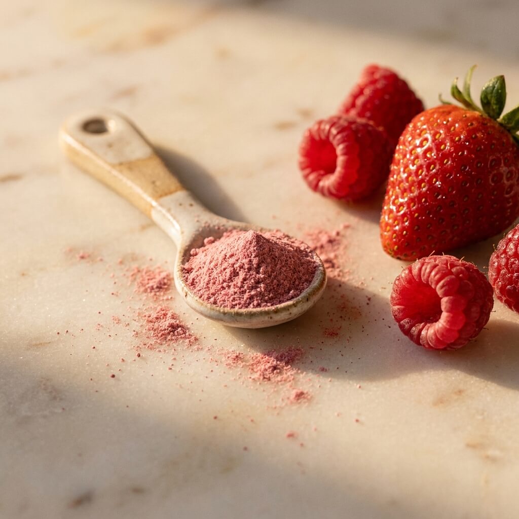 Der rosa Löffel: Rosa Glanz Pulver mit frischen Himbeeren auf hellem Marmor