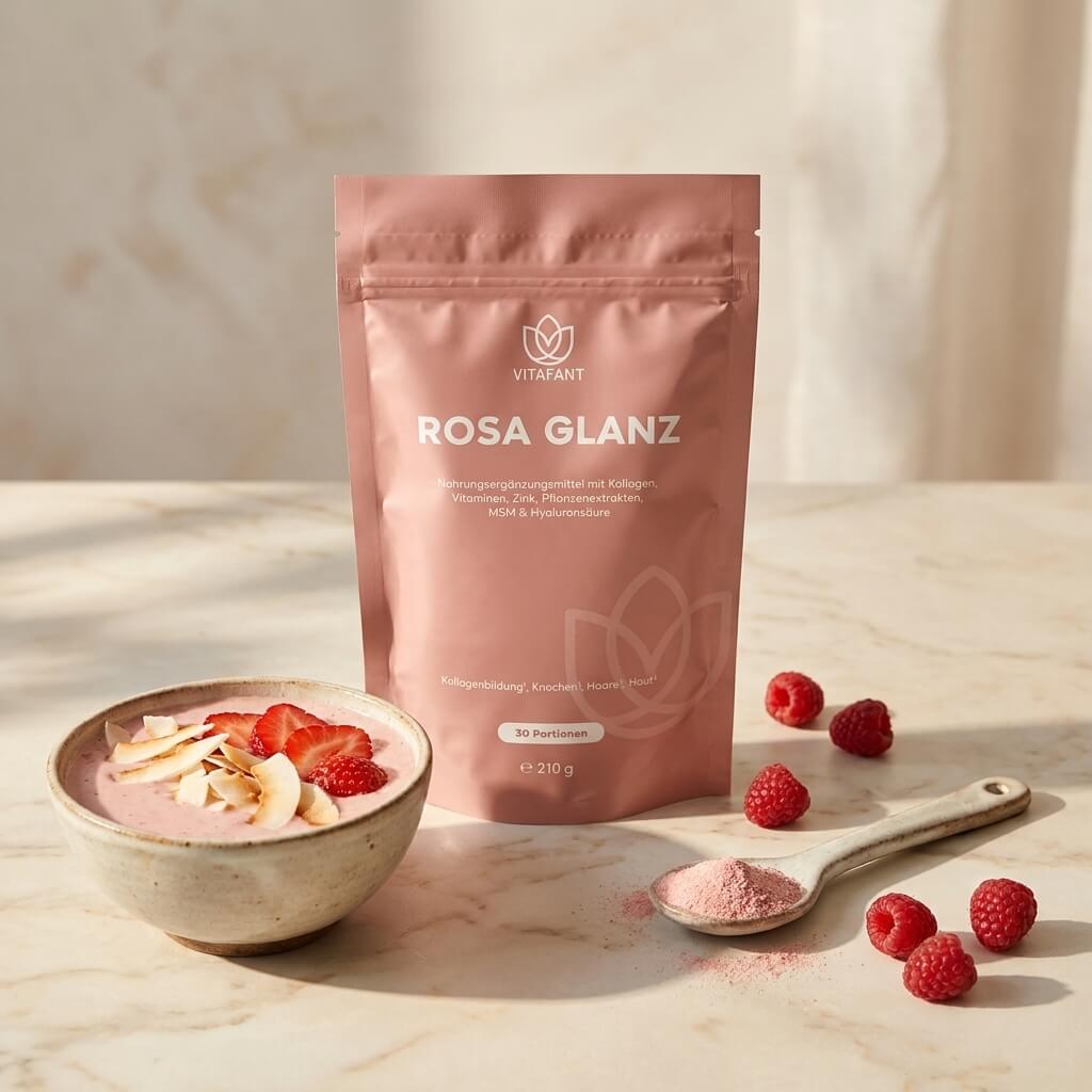 Rosa Glanz Beutel neben einer kleinen Pink Glow Bowl auf hellem Marmor