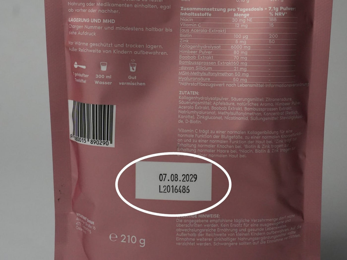 Packungsrückseite von Rosa Glanz mit markierter Chargennummer