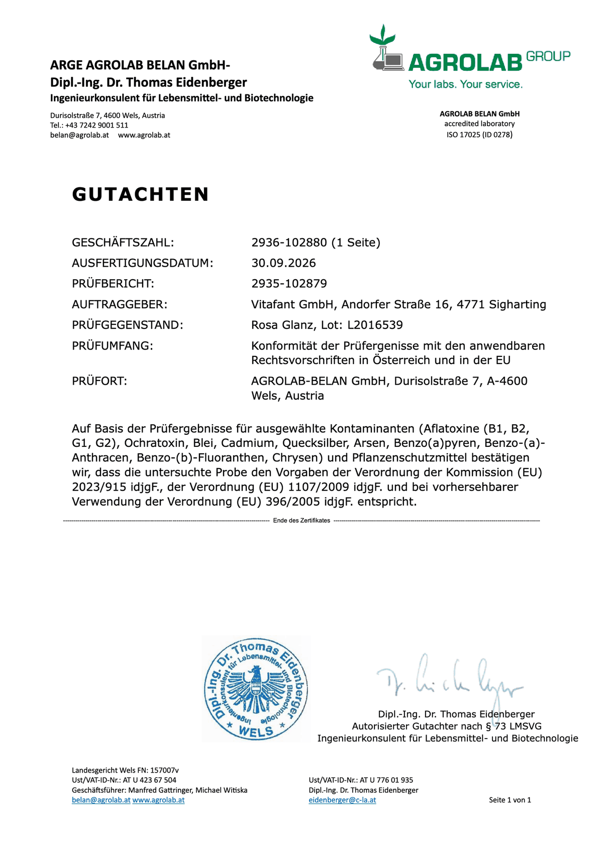 Gutachten AGROLAB BELAN GmbH zu Rosa Glanz, Lot L2016539, vom 30.09.2026